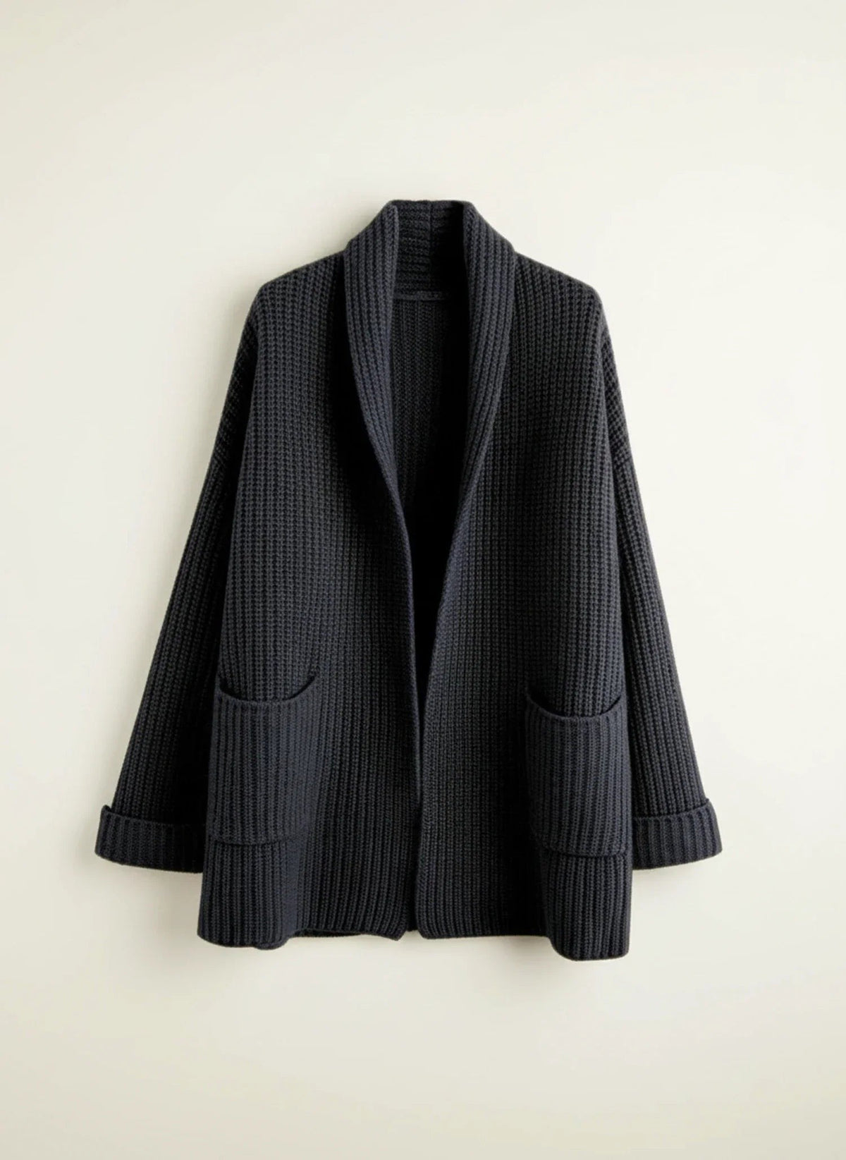 Black waffle-knit longline cardigan coat