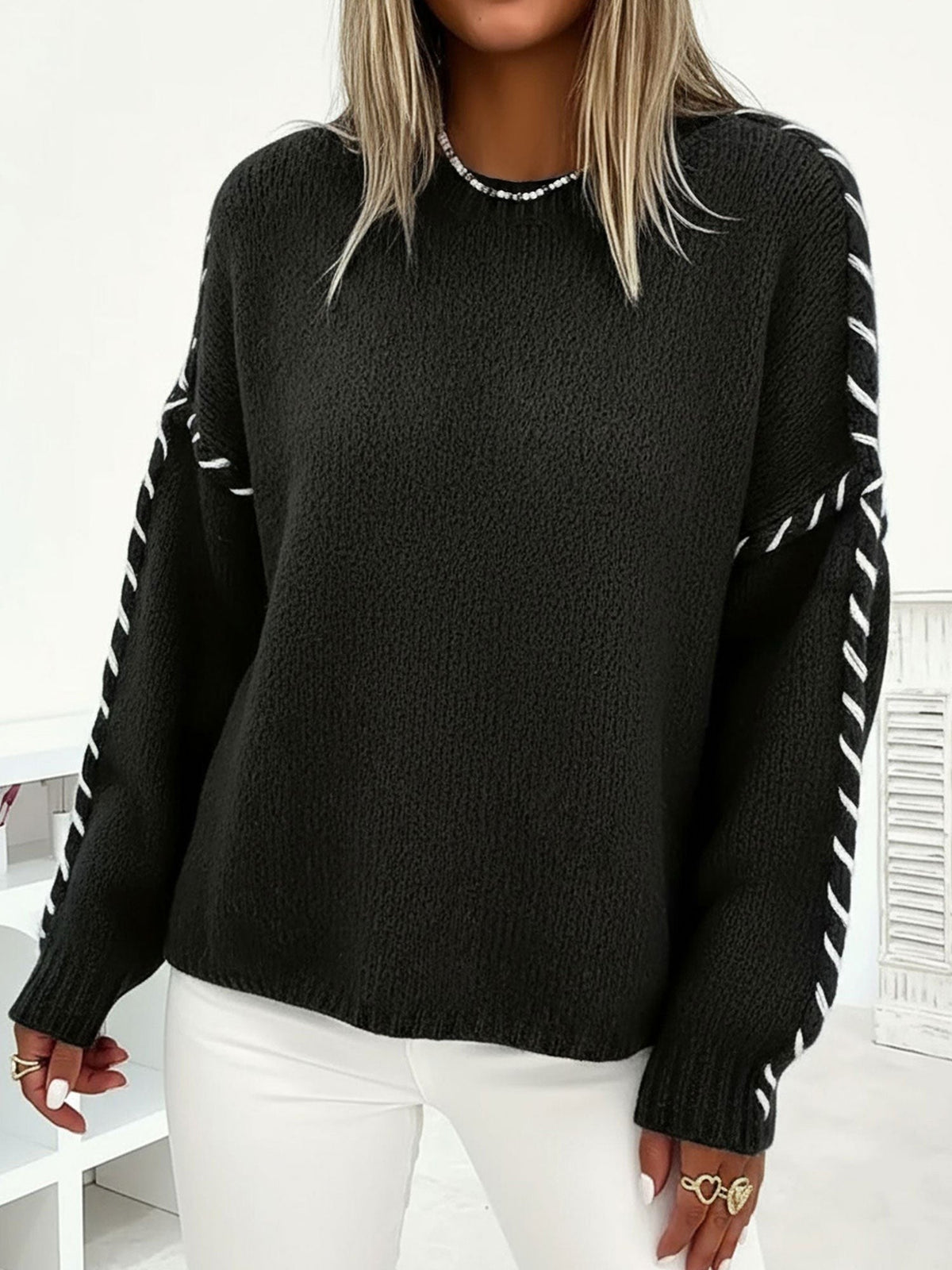 Whipstitch crew neck jumper