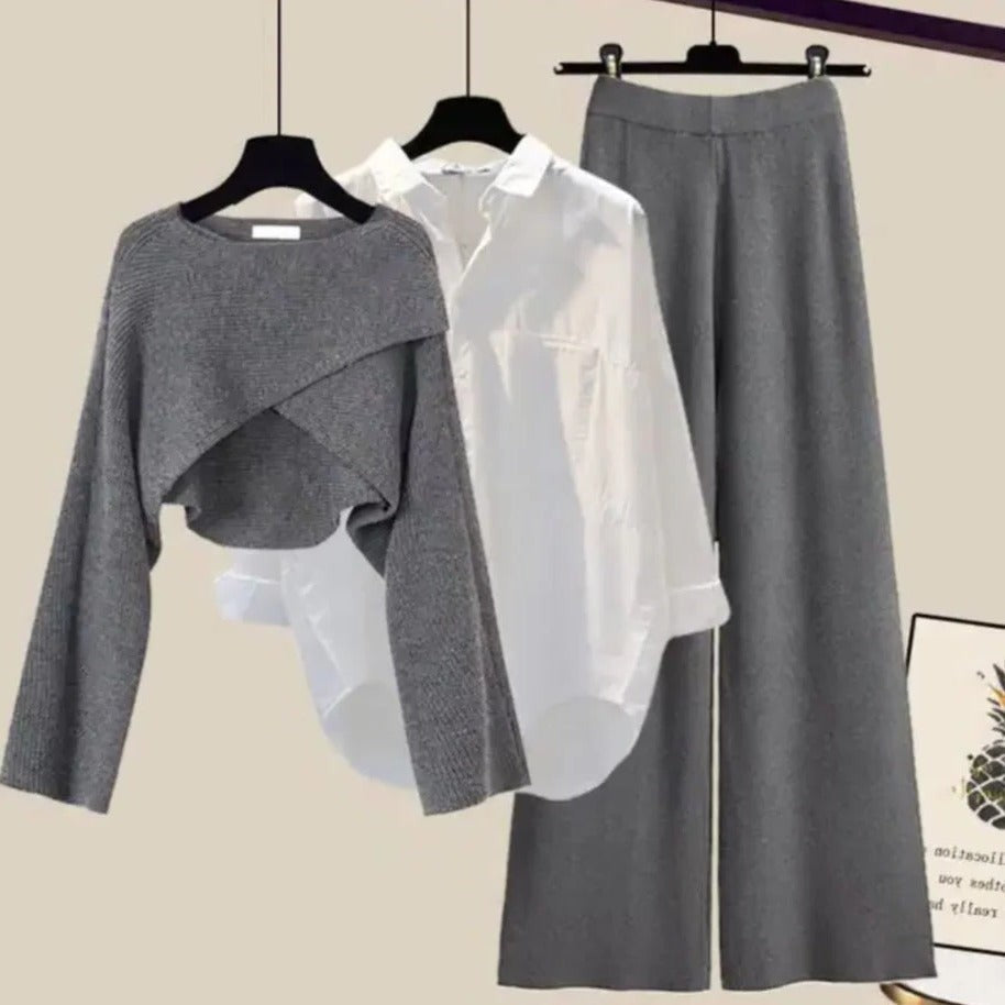 Gray wool knit jumper, shirt and wide leg trouser set