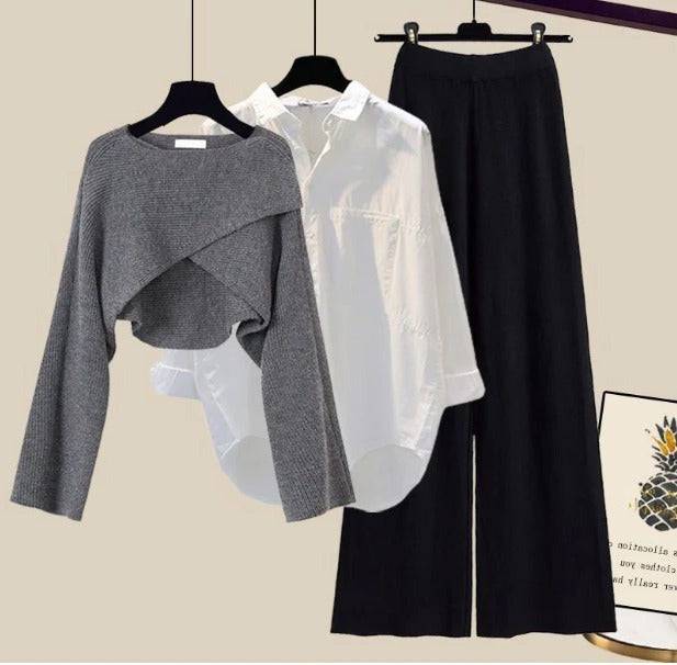 Gray Black wool knit jumper, shirt and wide leg trouser set