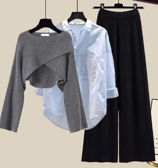Gray Blue Black wool knit jumper, shirt and wide leg trouser set