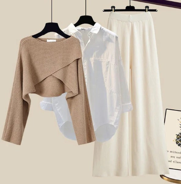 Brown White wool knit jumper, shirt and wide leg trouser set