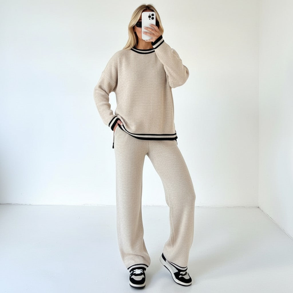 Beige wool mix knit jumper and trouser set