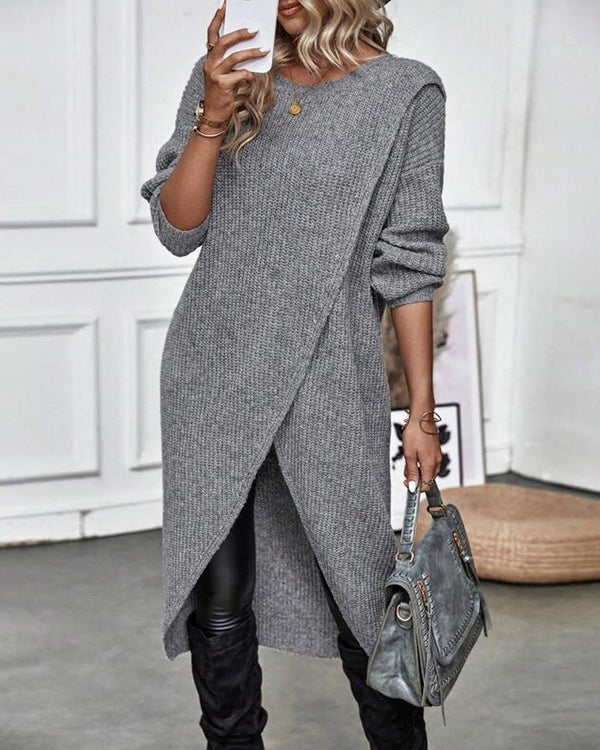Grey wool wrap front jumper dress