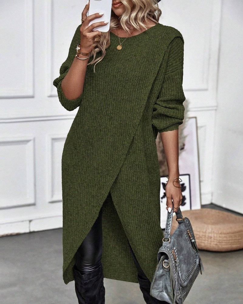 Green wool wrap front jumper dress
