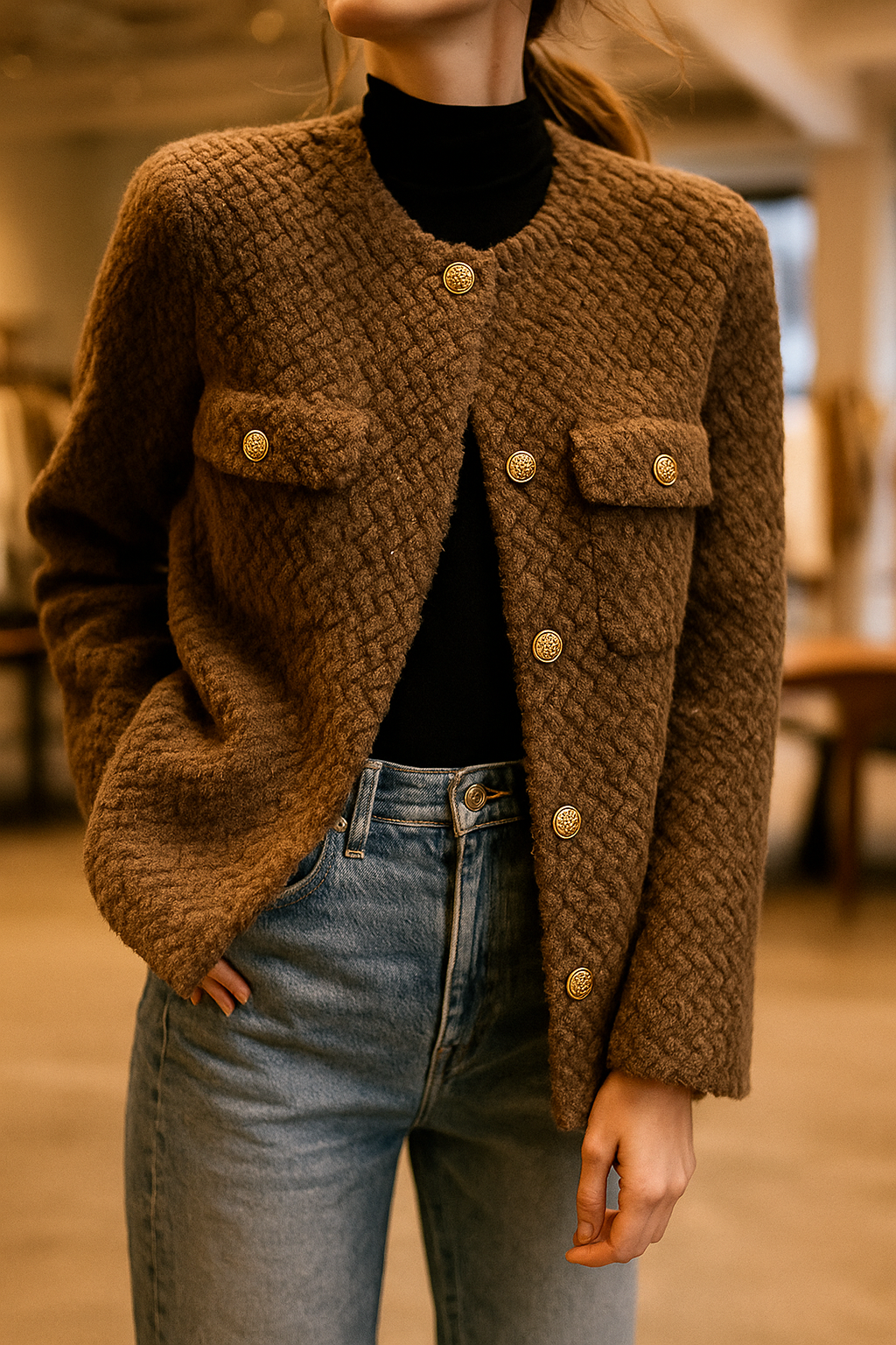 Elspeth | Chaqueta de tweed texturizado con botones dorados