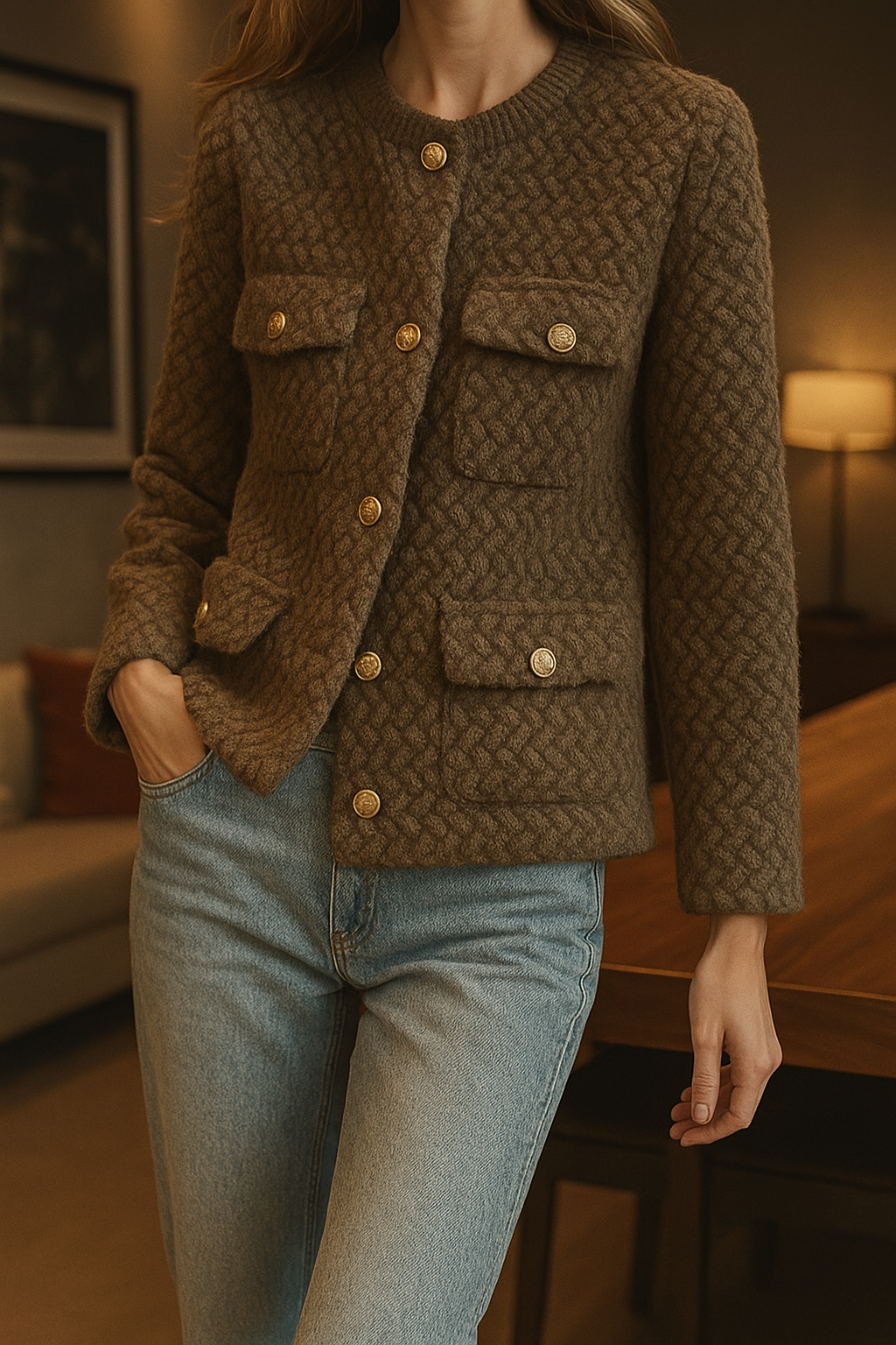 Elspeth | Chaqueta de tweed texturizado con botones dorados