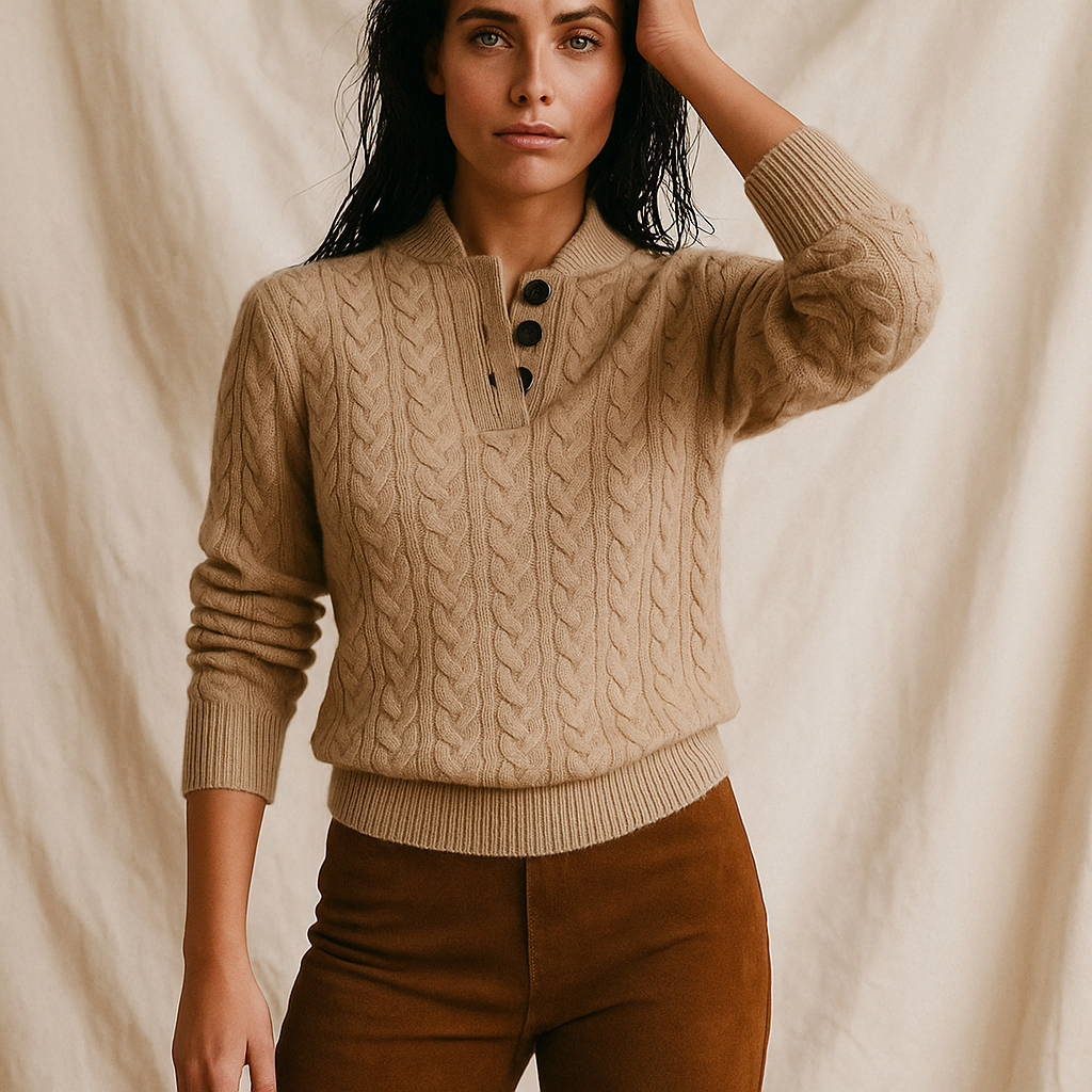 Sylvia | Cable Knit Button Neck Jumper