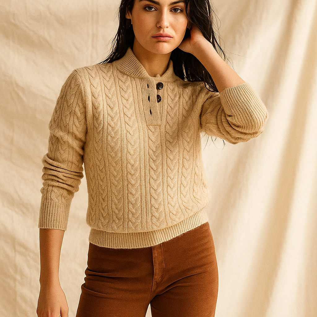 Sylvia | Cable Knit Button Neck Jumper