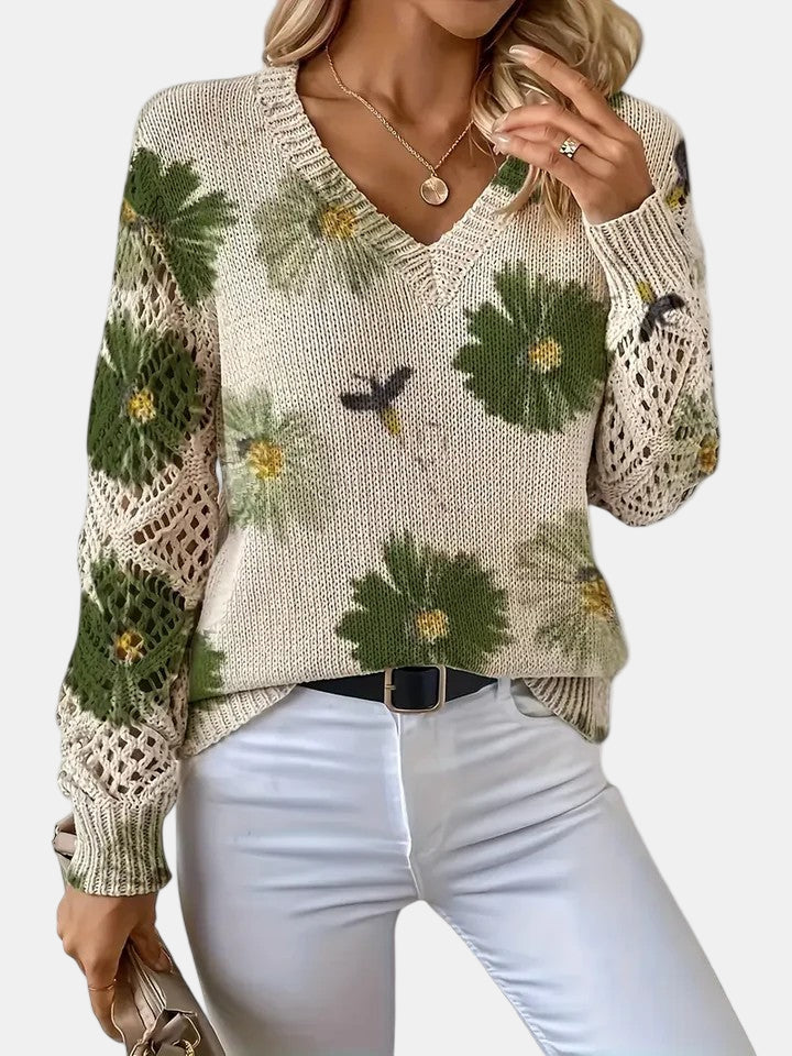 Sidonie | Suéter de punto con cuello de pico y estampado floral