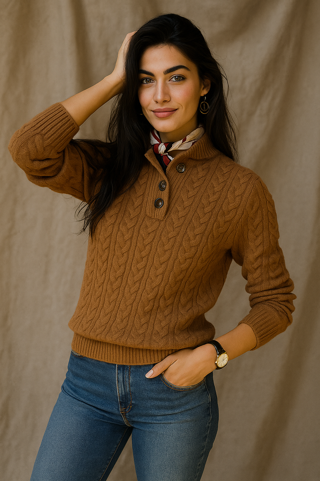 Sylvia | Cable Knit Button Neck Jumper