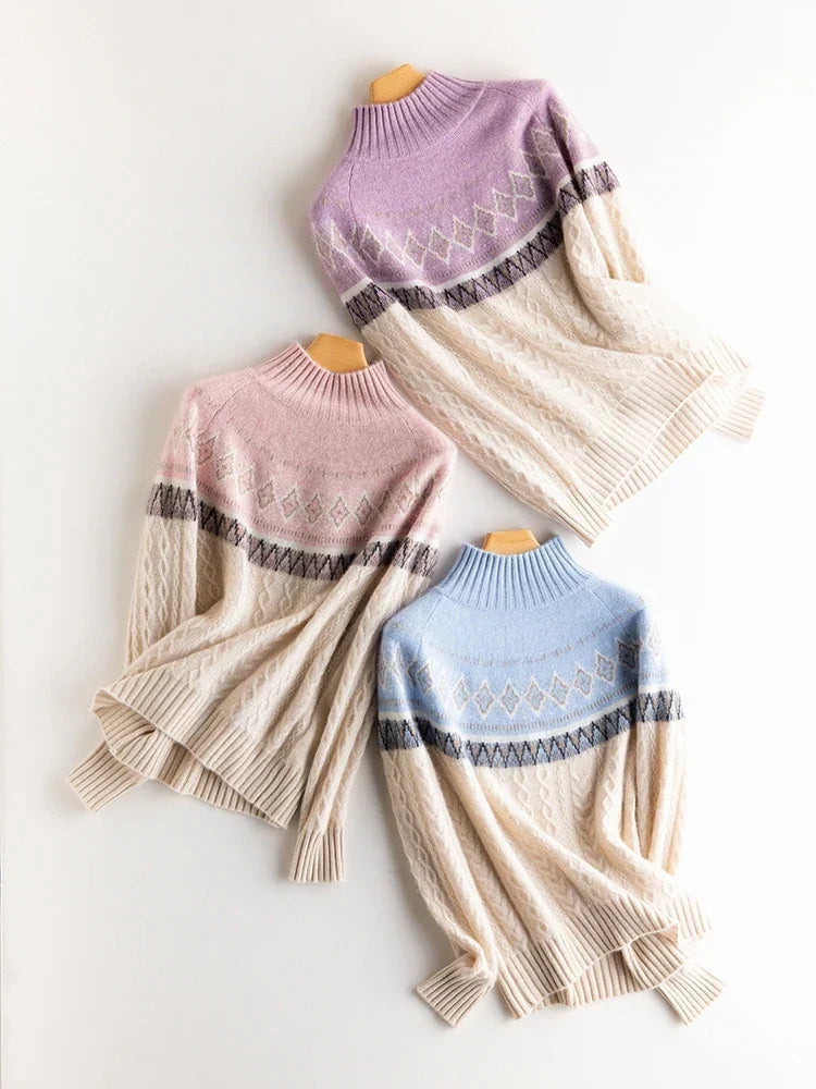 Rachel | Jersey de cuello alto simulado Fair Isle de lana