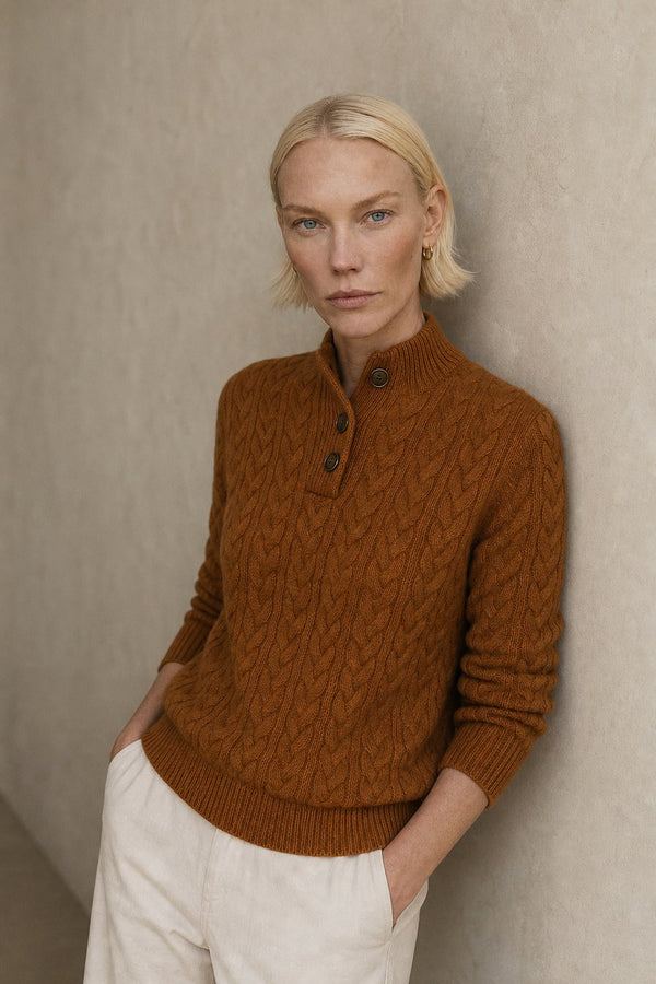 Sylvia | Cable Knit Button Neck Jumper
