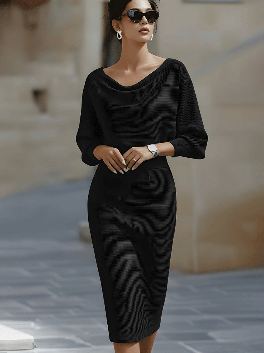 Black batwing draped knit midi dress