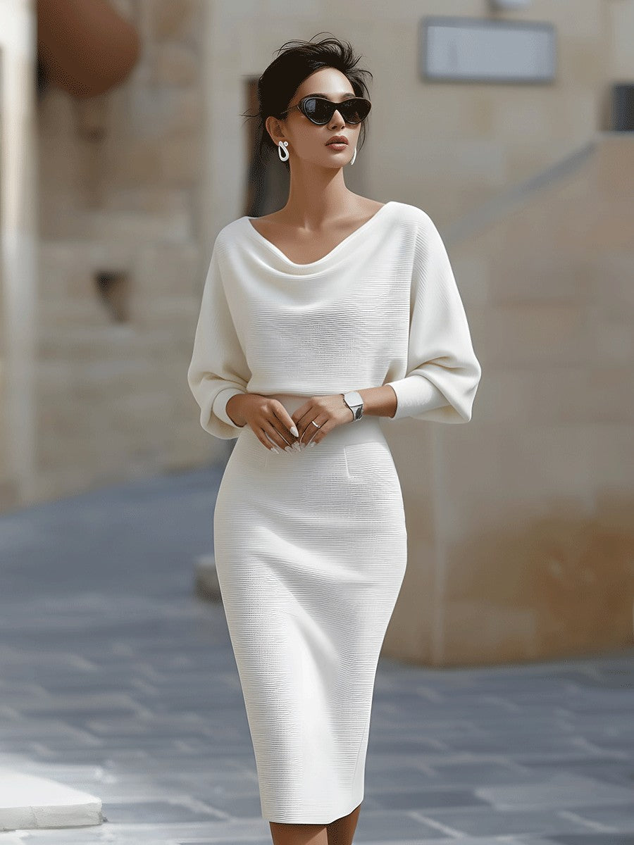 White batwing draped knit midi dress
