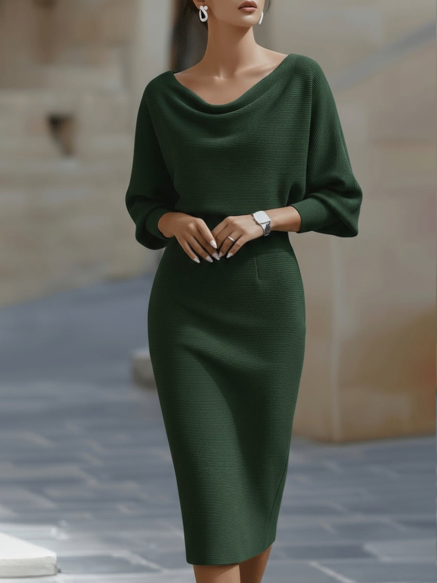 Green batwing draped knit midi dress