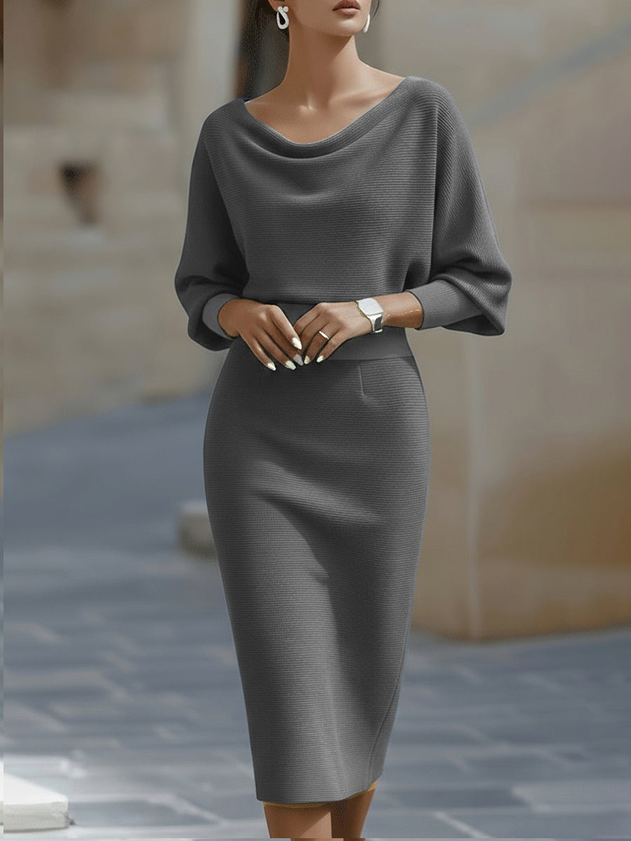 Pearl Grey batwing draped knit midi dress