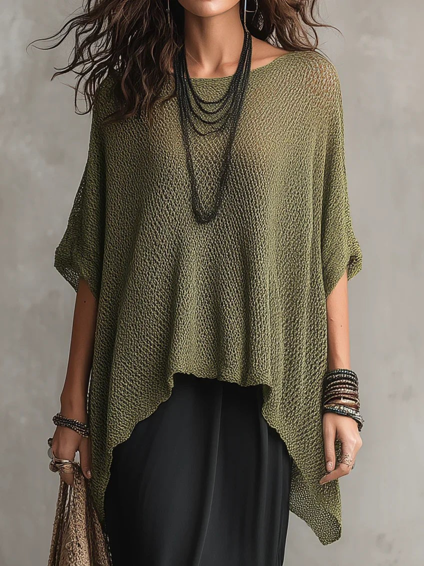 Green batwing open knit poncho