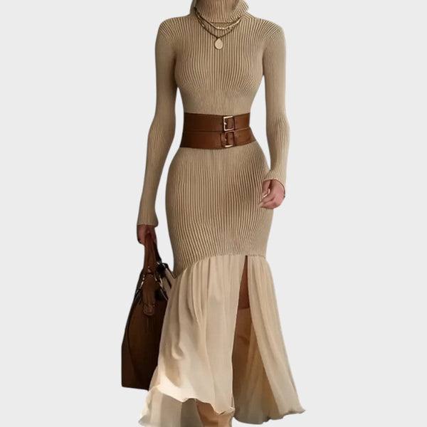 Belted roll neck knit midi dress