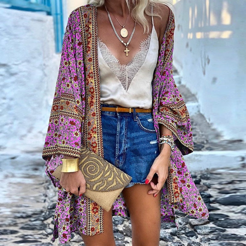 Purple boho floral kimono cardigan