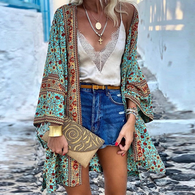 Blue boho floral kimono cardigan