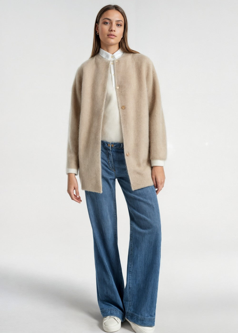 Brushed collarless longline cardigan