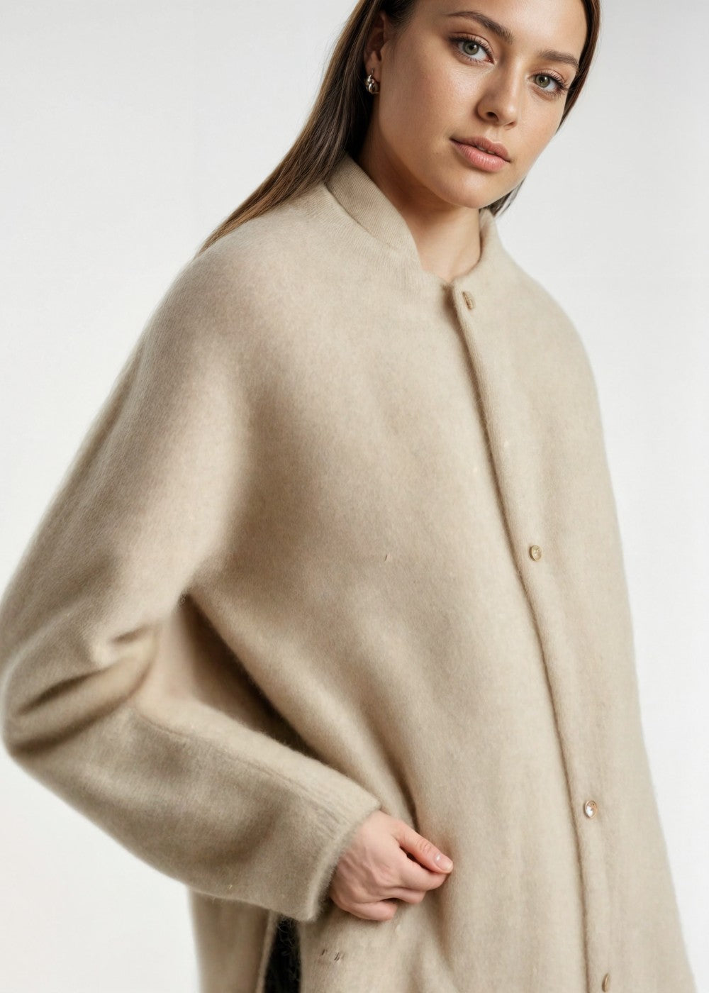 Brushed collarless longline cardigan