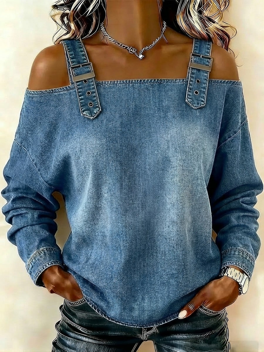 Buckle cold shoulder denim blouse