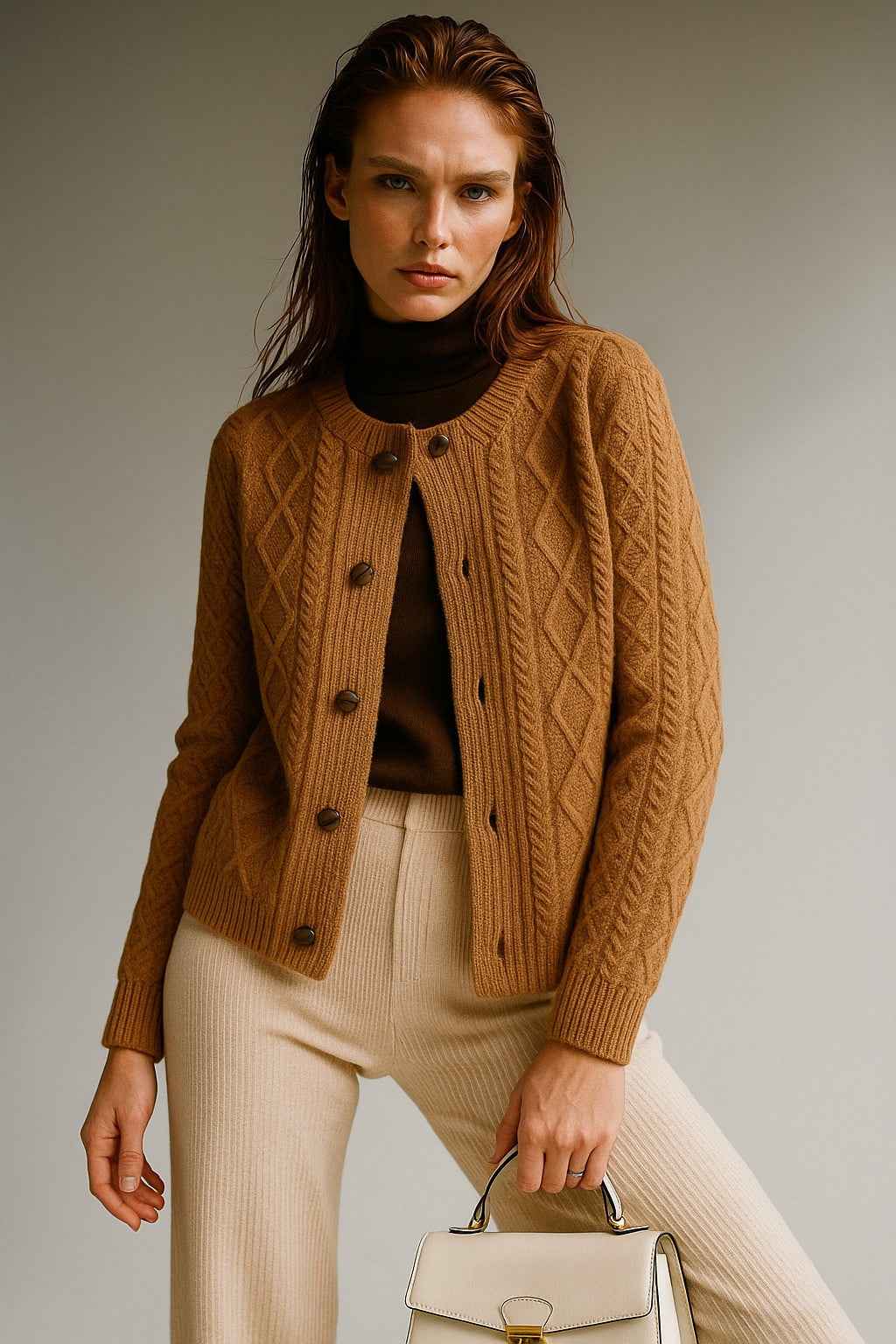 Camel cable-knit button cardigan
