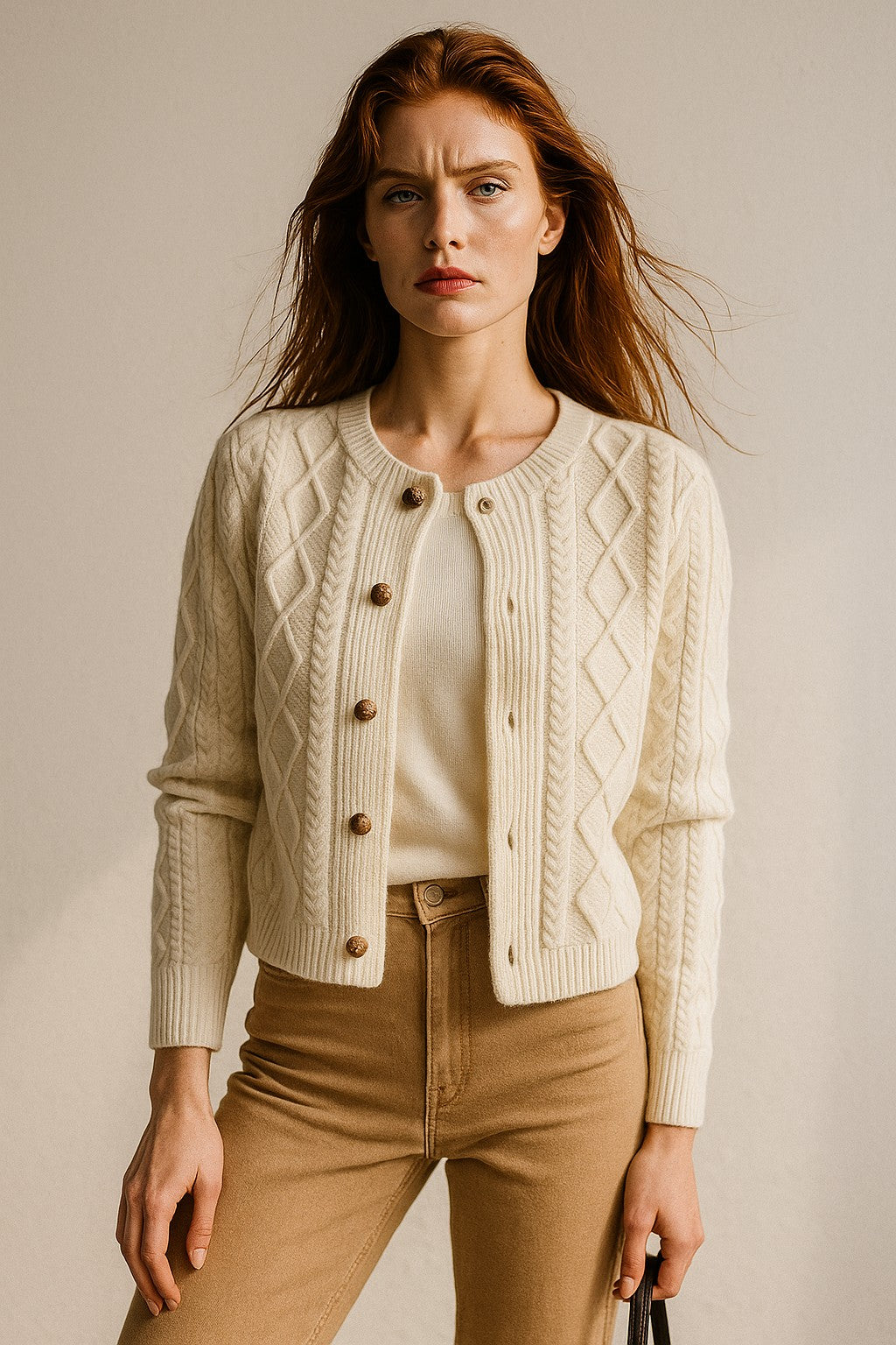 White cable-knit button cardigan