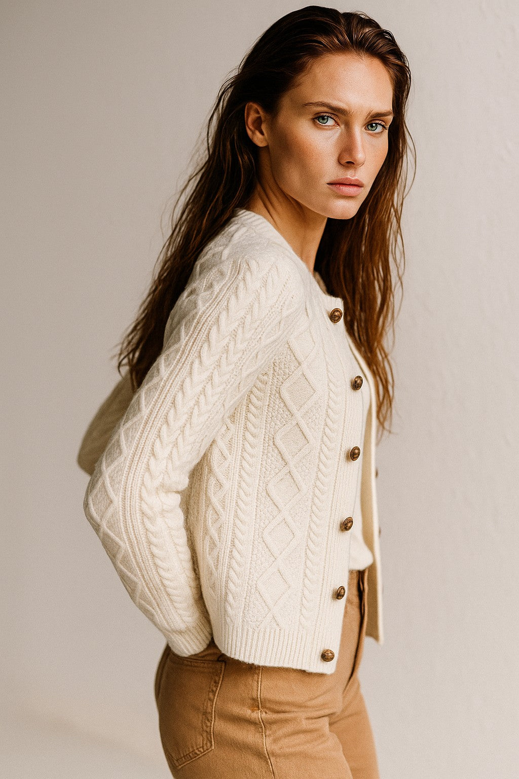Cable-knit button cardigan