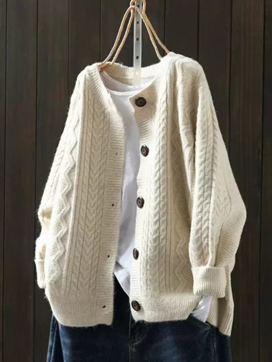 Beige cable-knit button-front cardigan