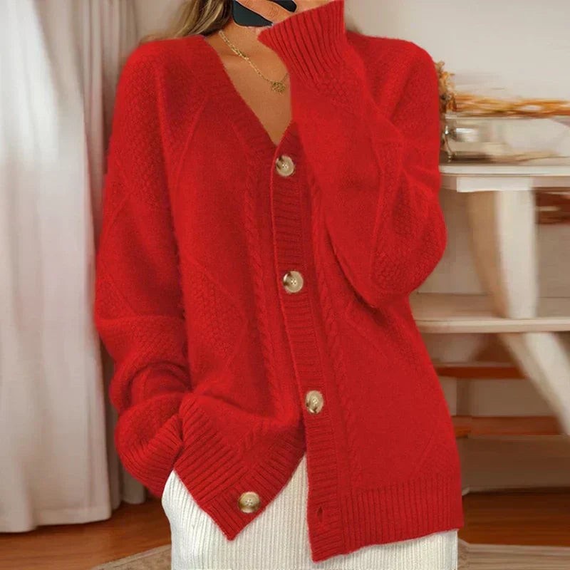 Red cable-knit cardigan