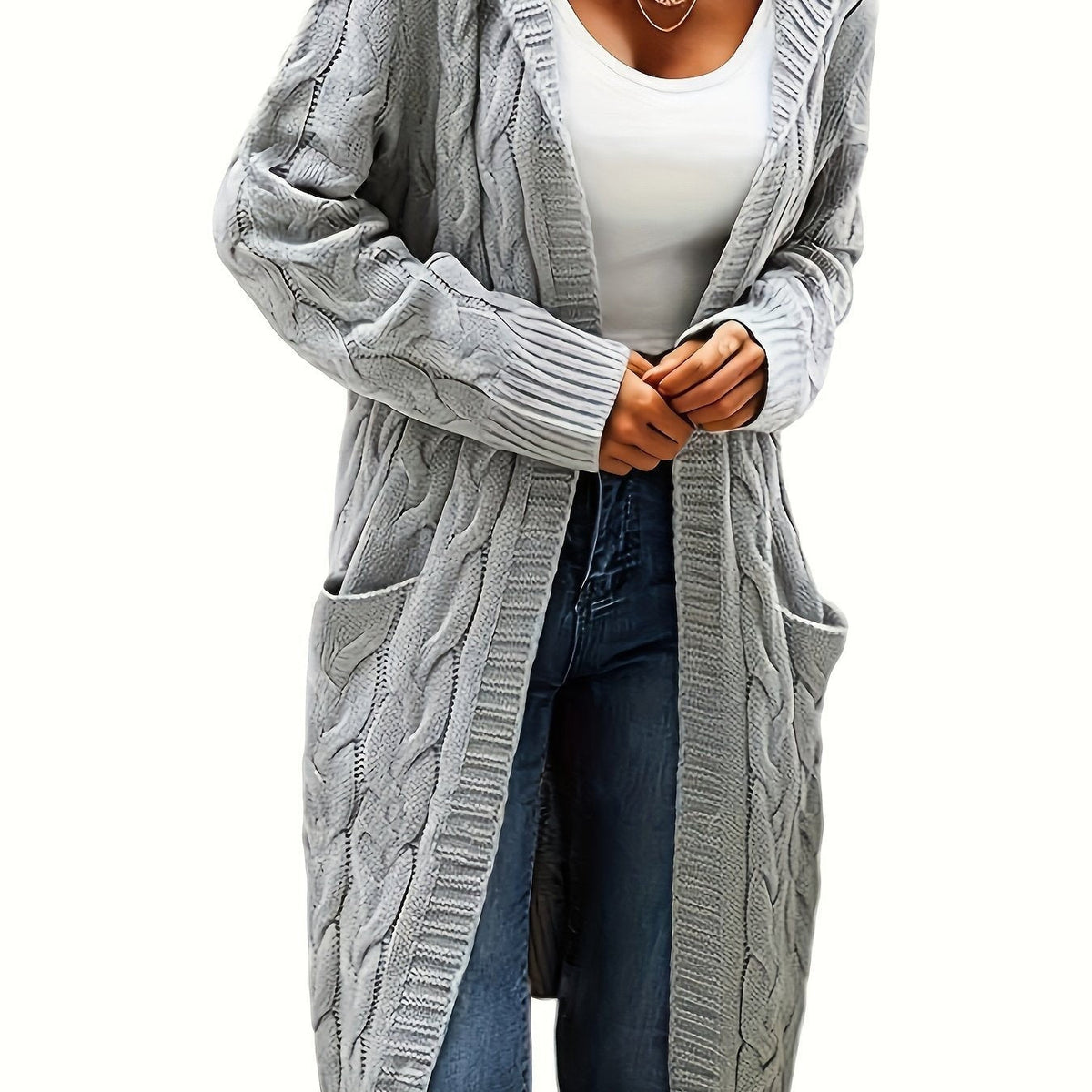 Grey cable-knit hooded longline cardigan