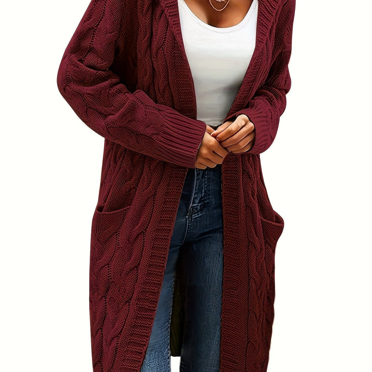Wine Red cable-knit hooded longline cardigan