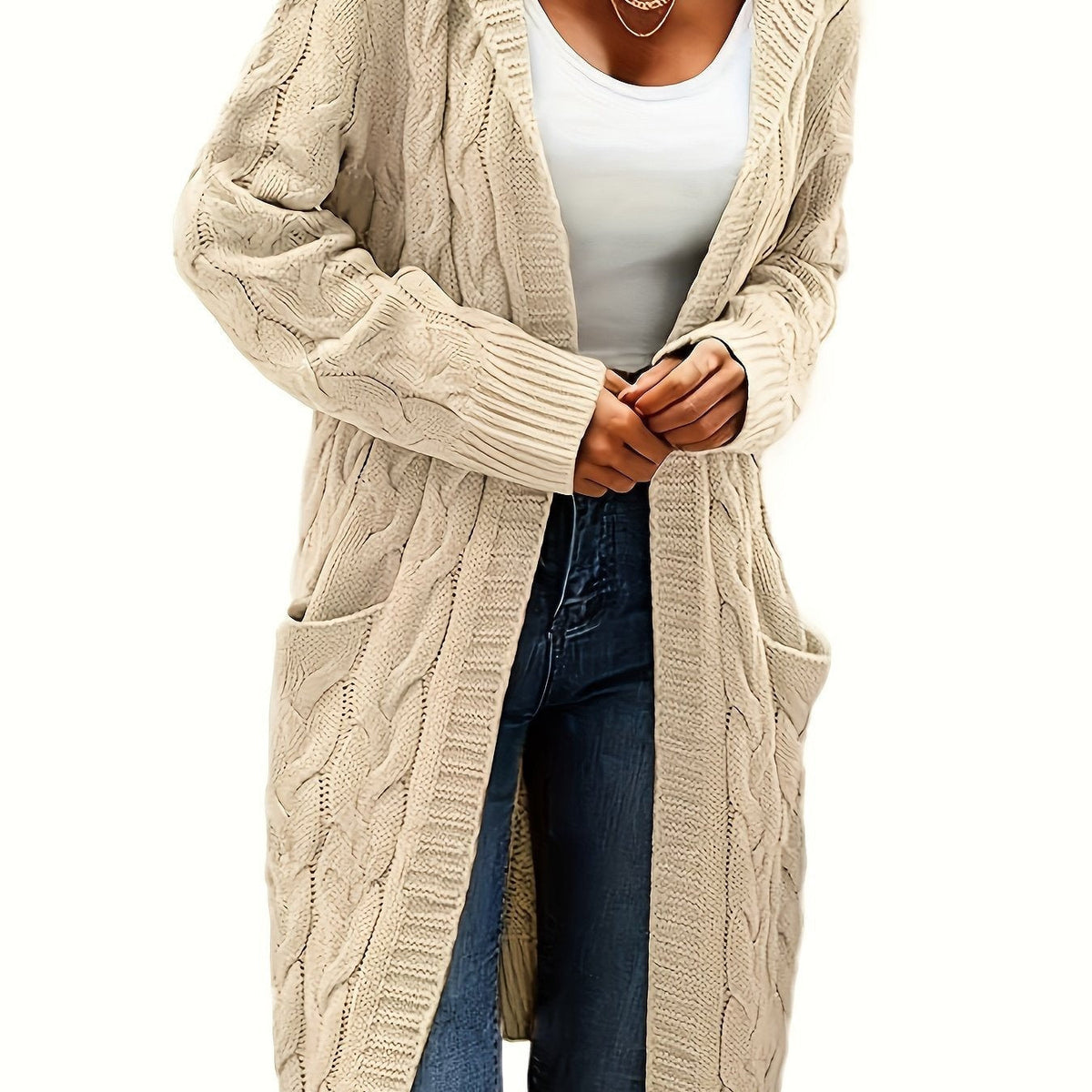 Beige cable-knit hooded longline cardigan