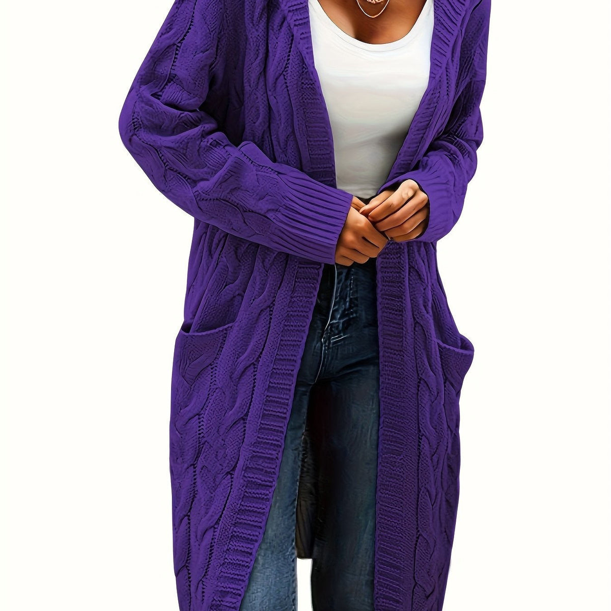 Cable-knit hooded longline cardigan