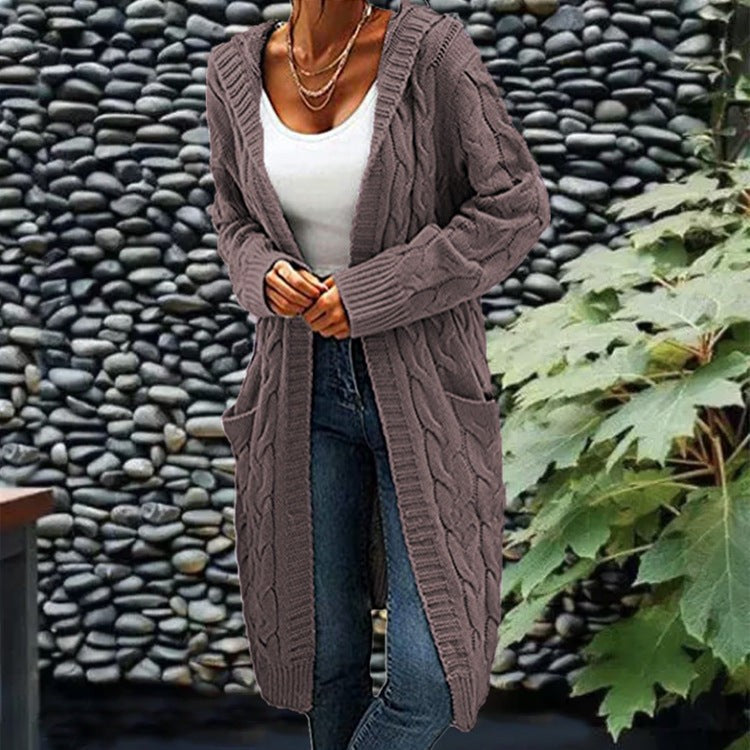 Cable-knit hooded longline cardigan