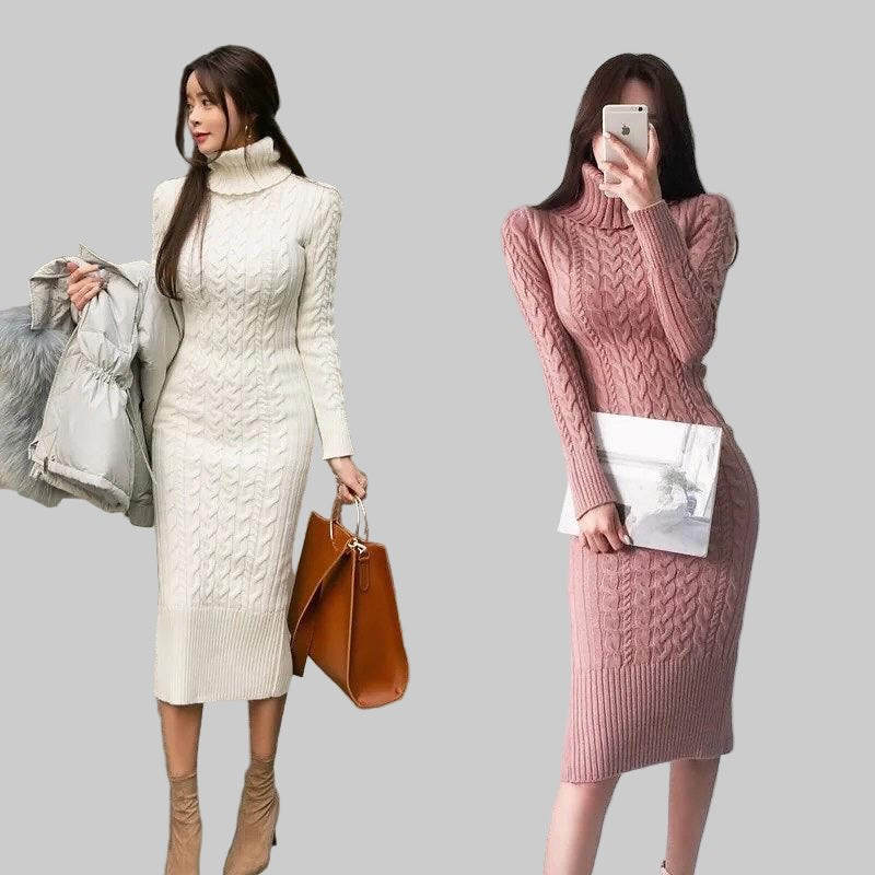 Cable-knit roll neck midi dress