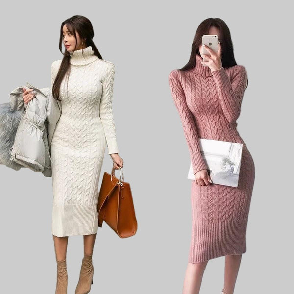 Cable-knit roll neck midi dress