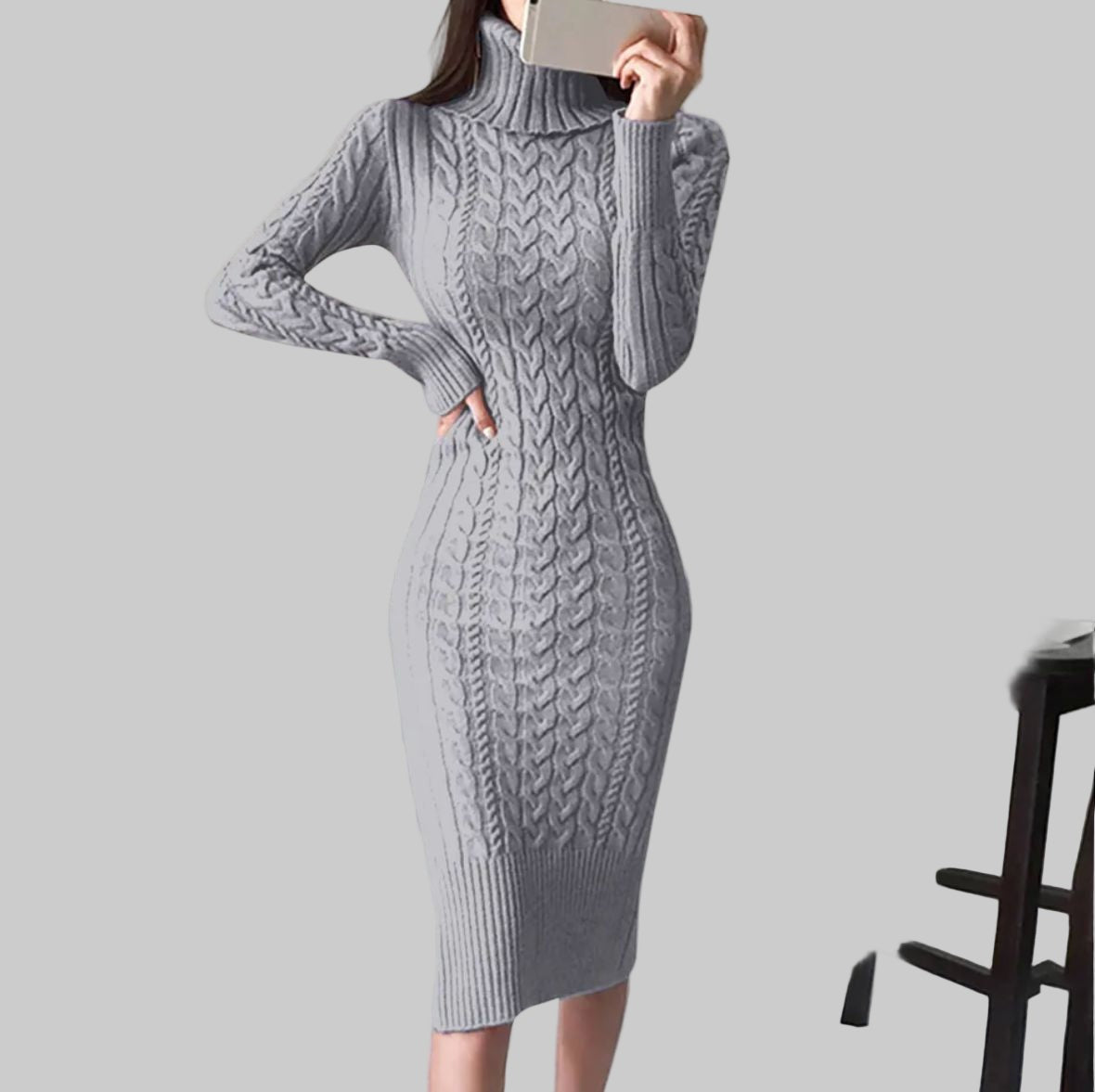 Gray cable-knit roll neck midi dress
