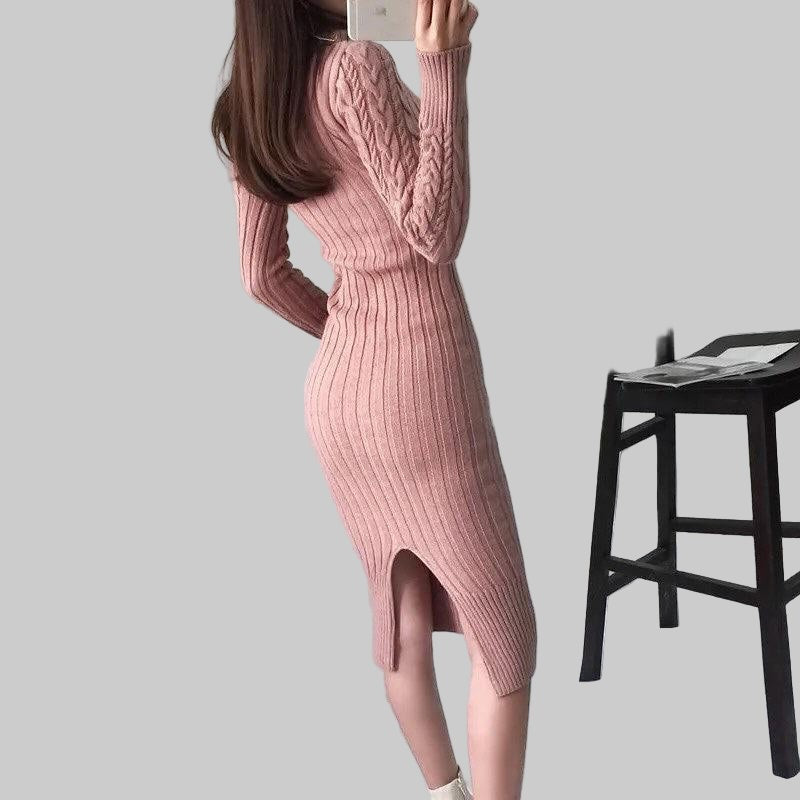 Cable-knit roll neck midi dress