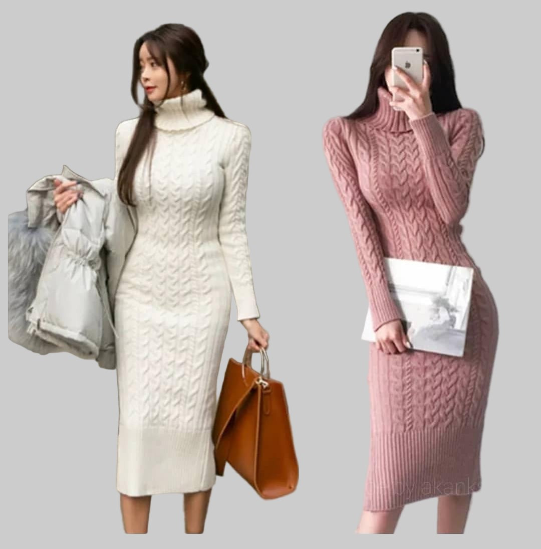 Cable-knit roll neck midi dress