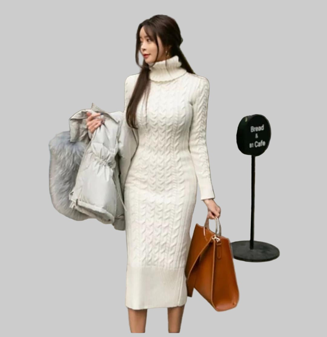 White cable-knit roll neck midi dress