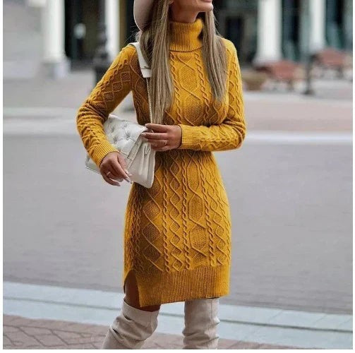 Yellow cable knit turtleneck jumper dress
