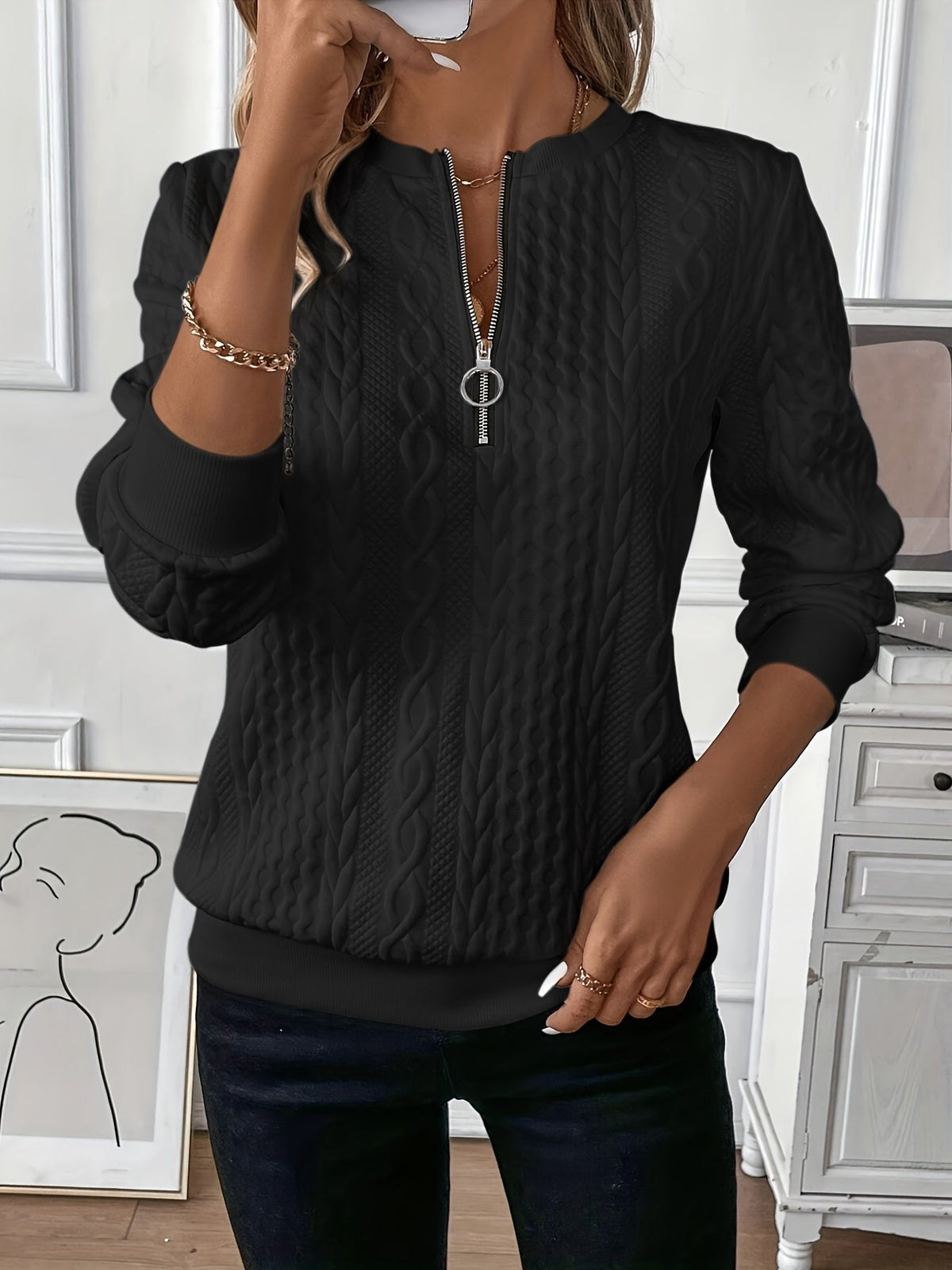Black cable textured zip sweatshirt