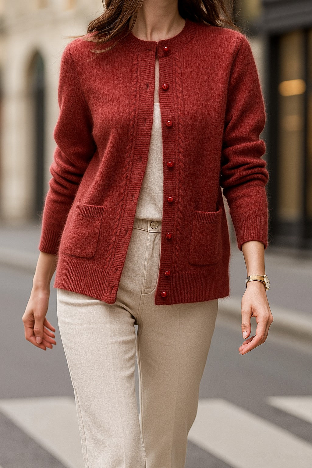Cable-trim button cardigan