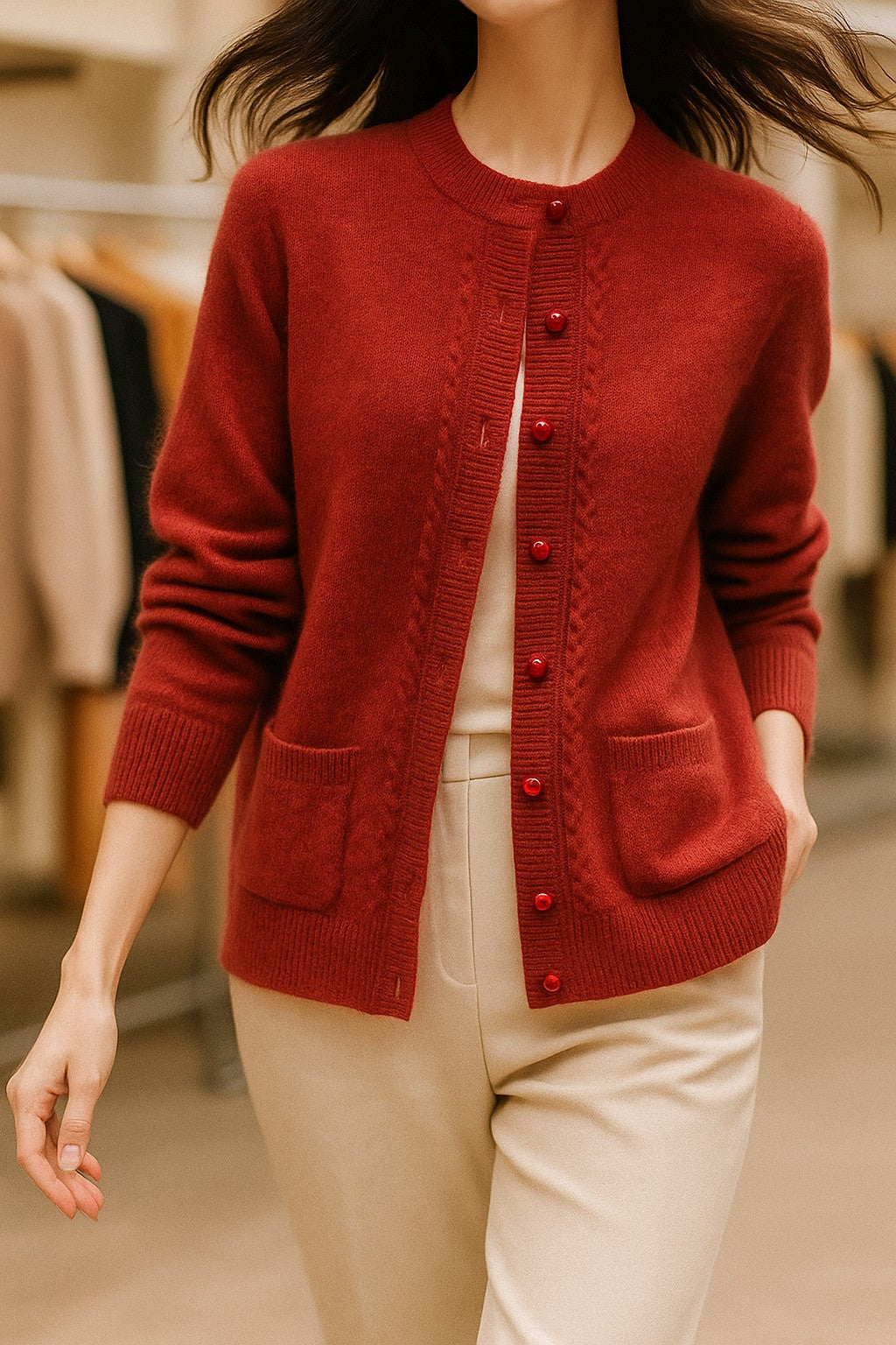 Burgundy cable-trim button cardigan