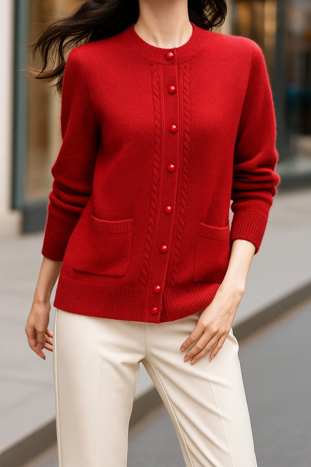 Cable-trim button cardigan