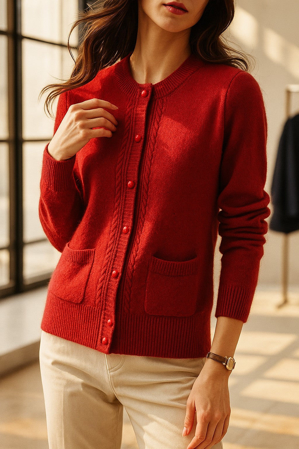 Red cable-trim button cardigan